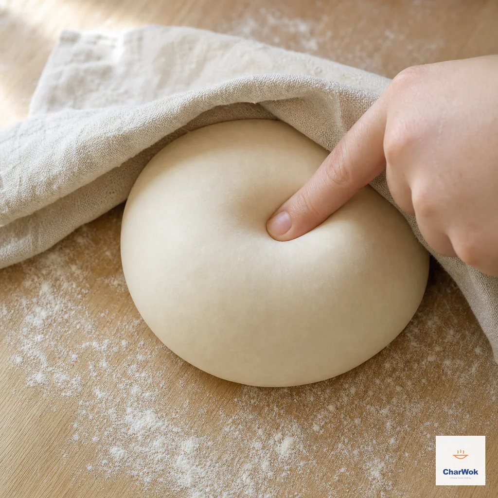 One fingertip presses a shallow dent into a smooth springy dough ball beneath a partly lifted damp cloth
