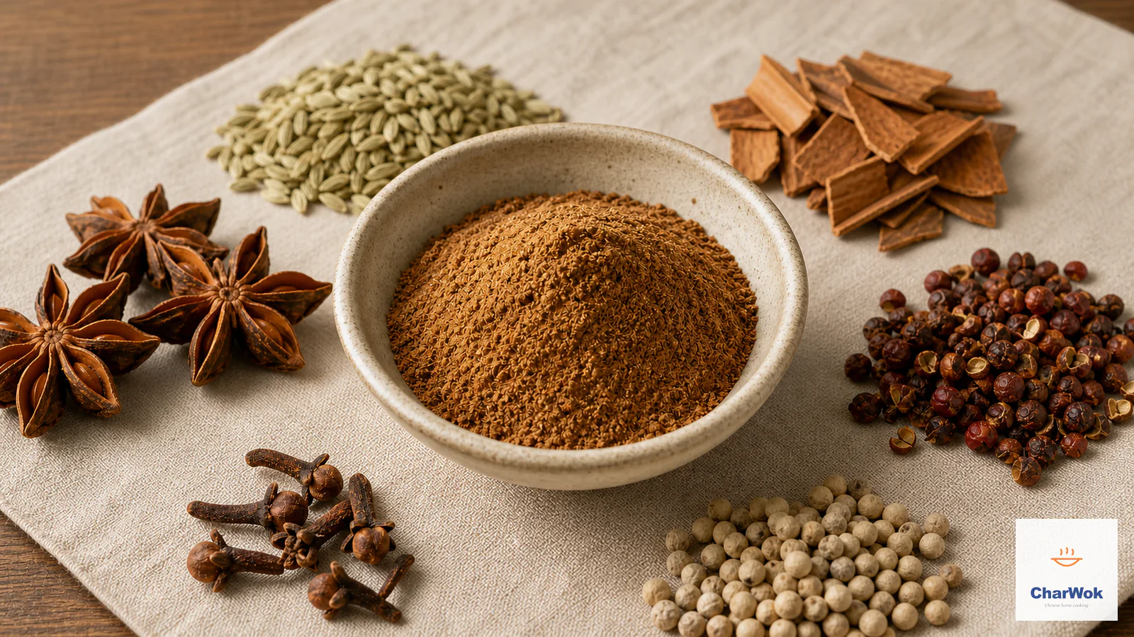 Freshly ground Chinese five-spice powder with its six whole spices