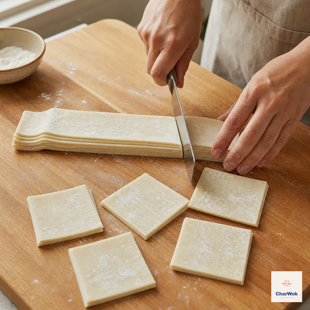 A cornstarch-dusted accordion stack of thin dough is cross-cut beside several finished square wonton wrappers