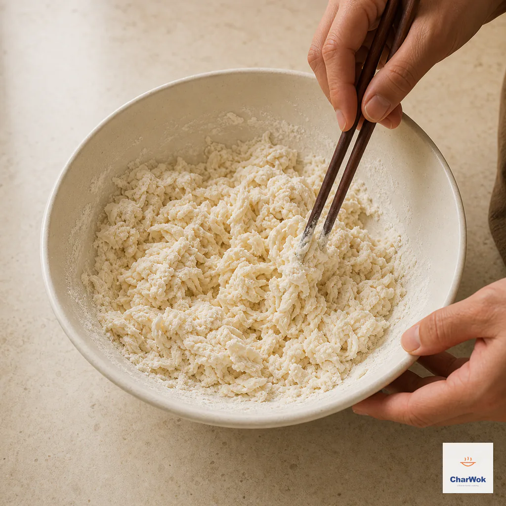 Chopsticks stir egg whites and lye water into flour until coarse shaggy flakes form without a liquid puddle