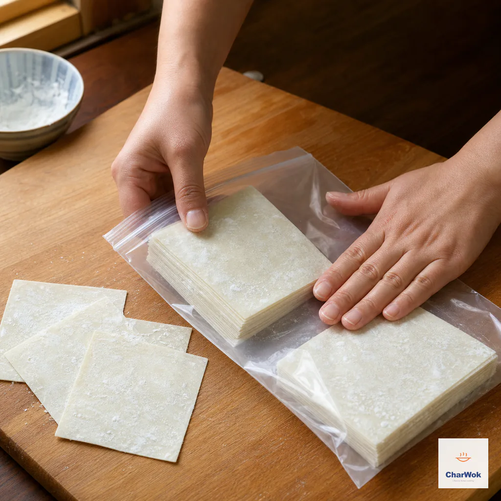 Square wonton wrappers dusted between every layer are slid into a clear airtight bag as excess air is pressed out