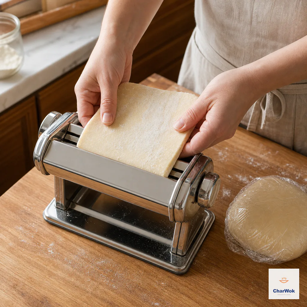 A lightly cornstarch-dusted square dough slab is guided into a pasta machine at its widest roller gap