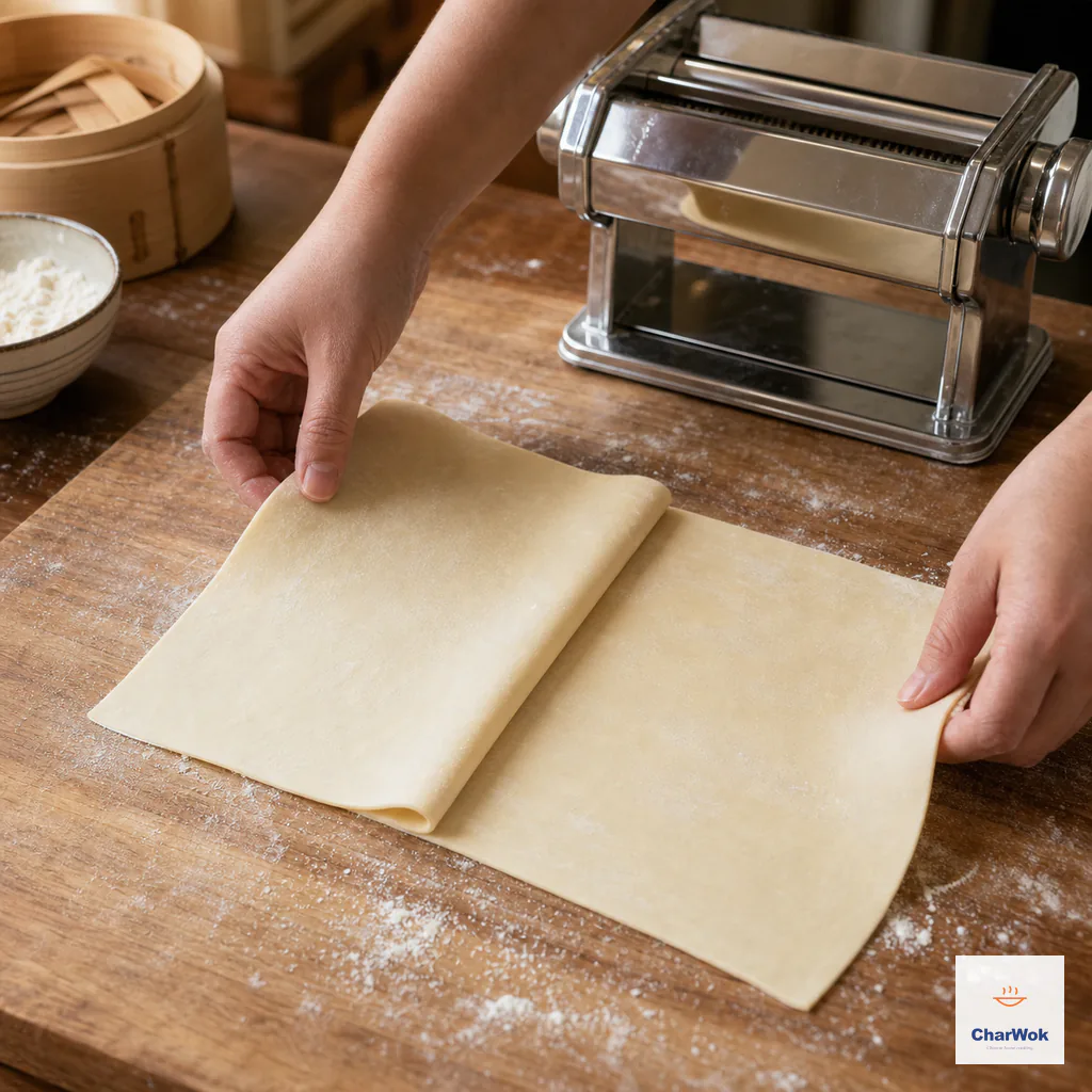 Hands fold a wide pasta-machine sheet into letter thirds before turning it for another widest-setting pass