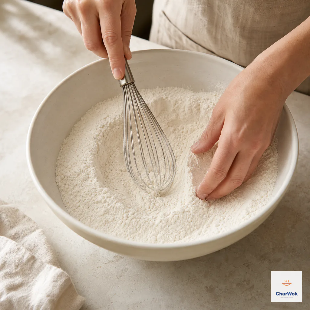 A whisk distributes fine salt through flour while fingertips open a deep well in the centre of the dry mixture