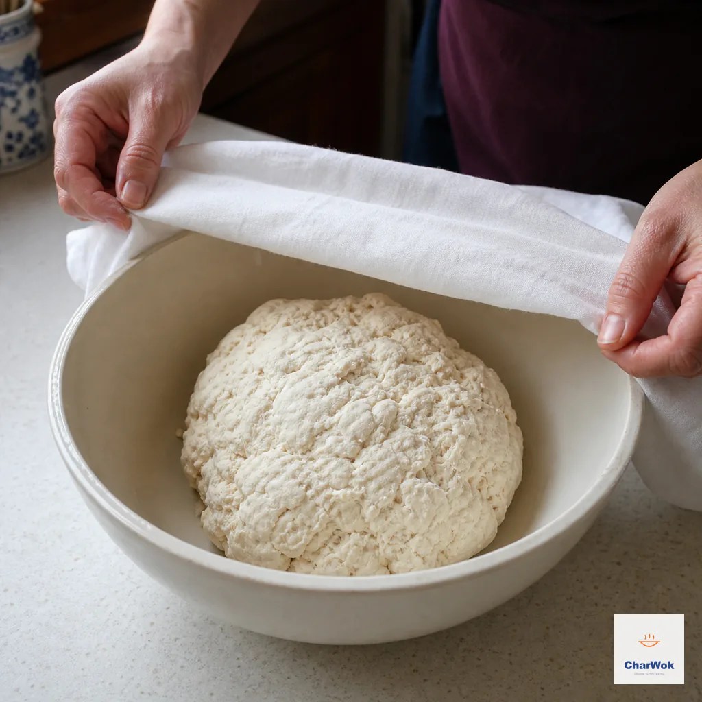 A damp cloth is lowered over a firm rough wonton-wrapper dough ball in a mixing bowl