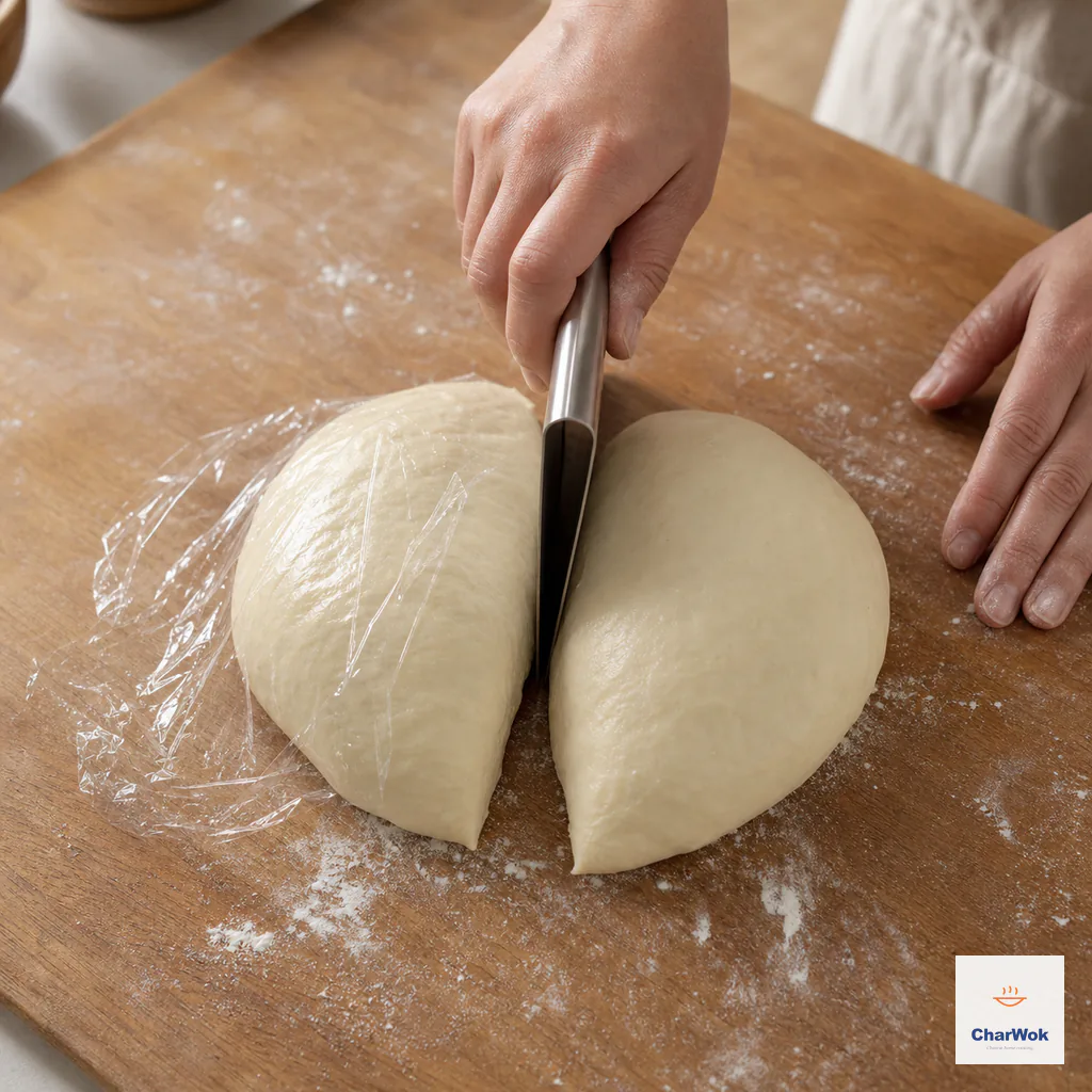 A scraper divides smooth pale wonton dough into exactly two equal halves while one half is wrapped
