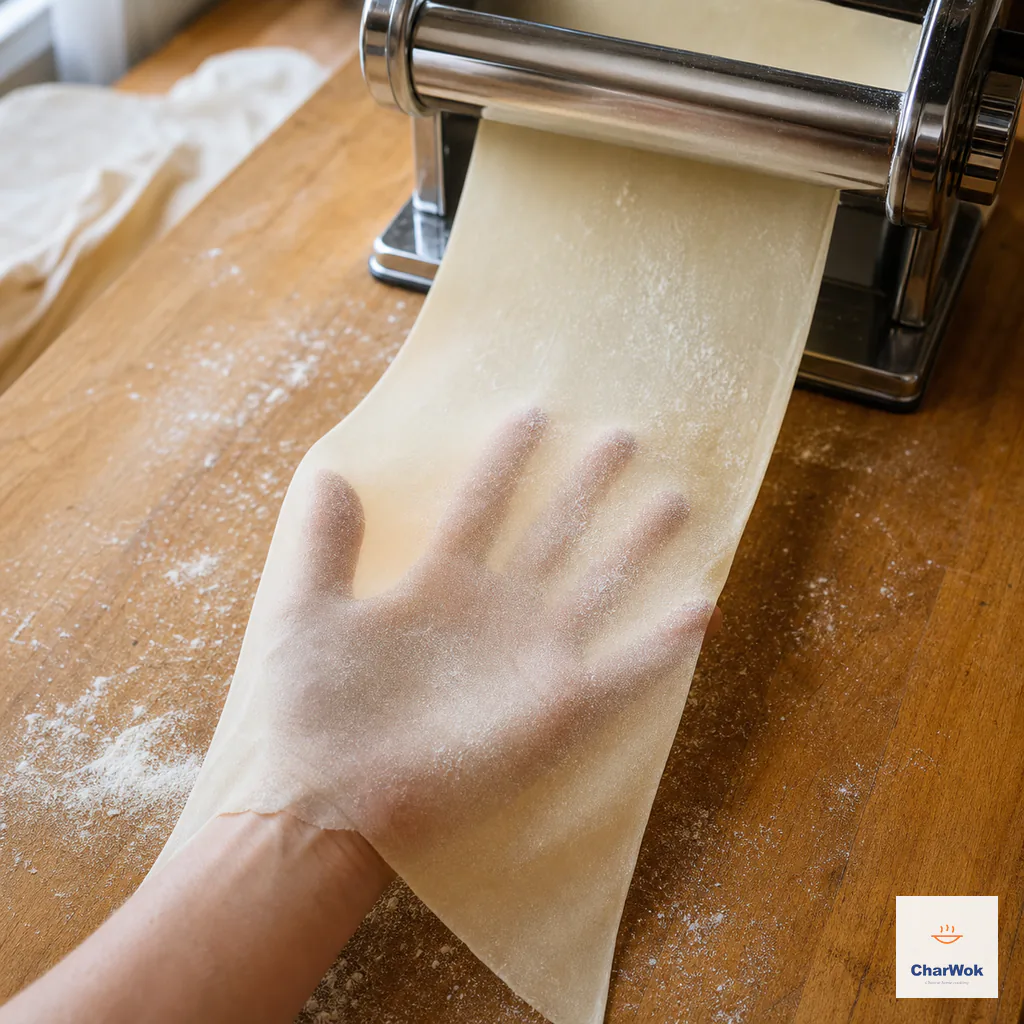 A hand shadow shows clearly through a long thin dough sheet emerging from a pasta machine