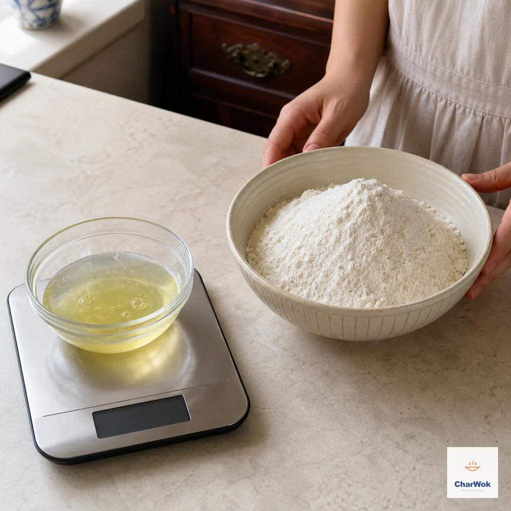 A bowl of separated egg whites sits on a digital scale beside a visibly larger weighed bowl of all-purpose flour