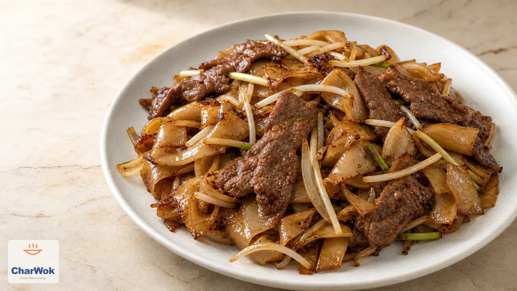 Hong Kong beef chow fun with wide rice noodles, beef, bean sprouts, onion, and pale yellow chives, dry-fried to a dark amber sheen