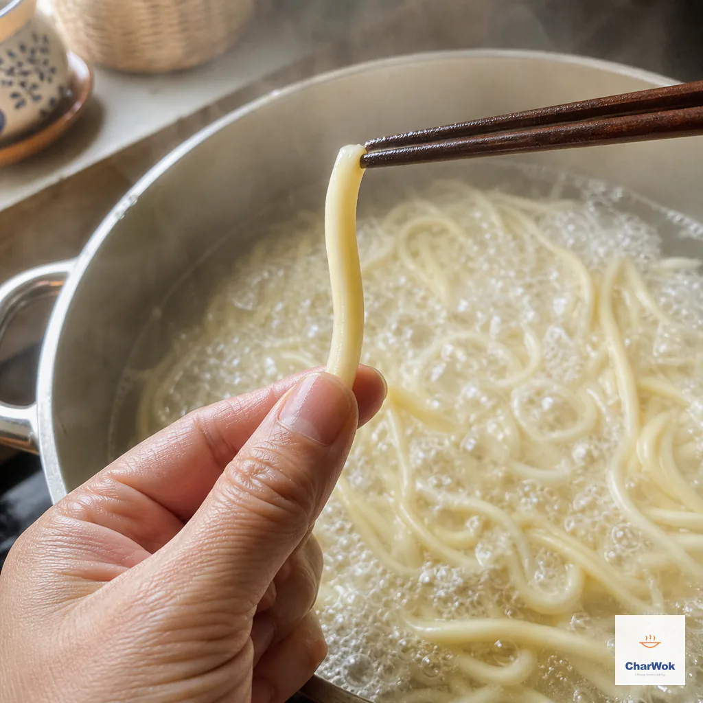 One springy alkaline noodle strand is lifted from vigorously boiling water and pinched to check its firm centre