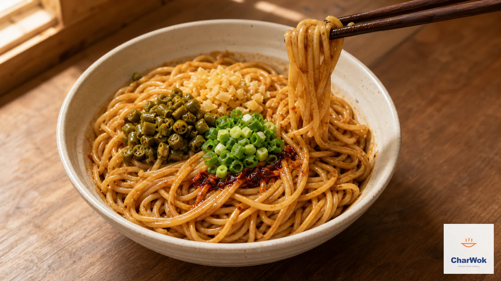 Wuhan hot dry noodles with sesame-coated strands, pickled vegetables and scallions