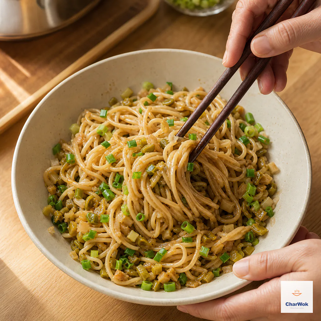 Chopsticks turn sesame-dressed noodles firmly from the bottom with pickled long beans, preserved daikon and scallions