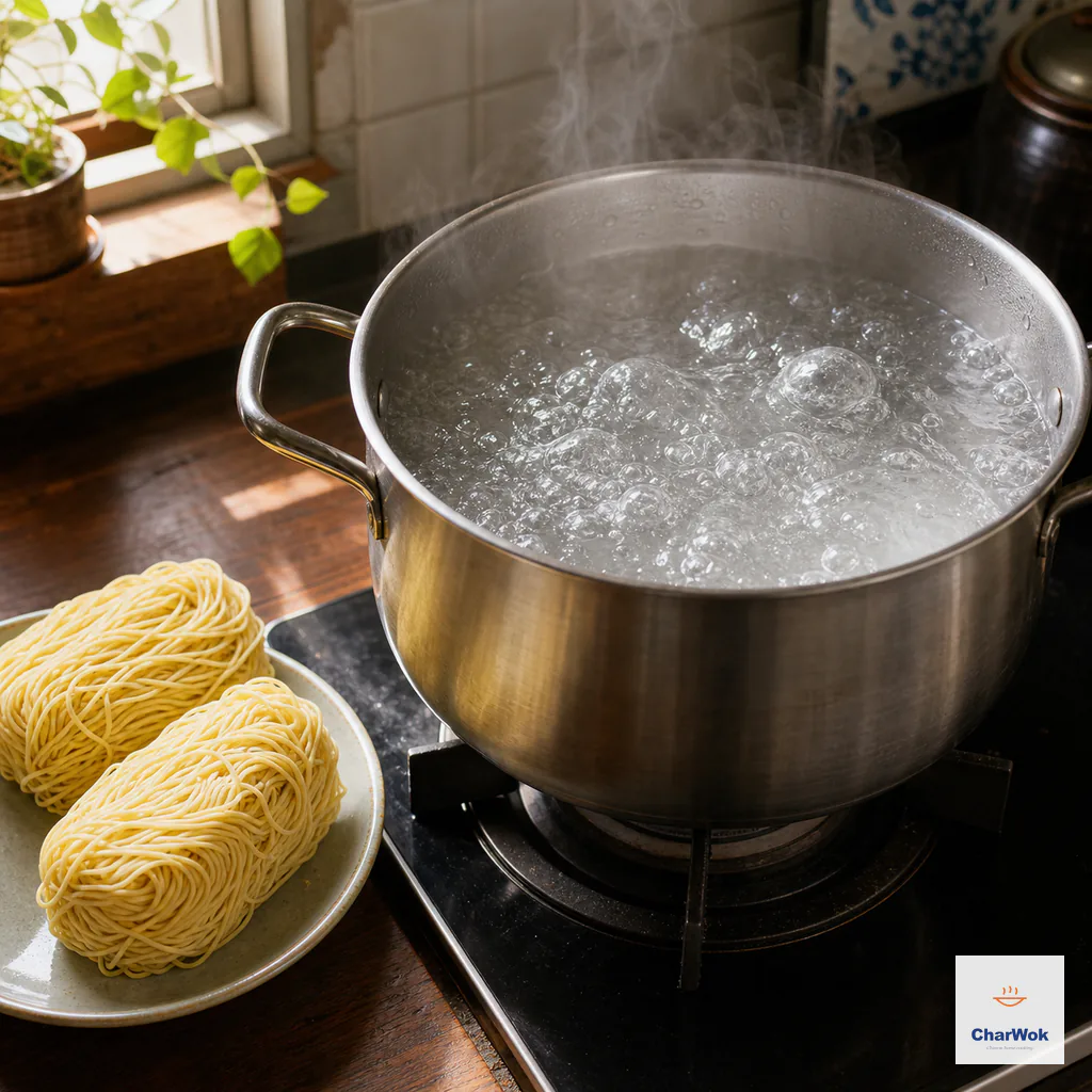 A large pot of abundant water reaches a vigorous rolling boil beside two portions of uncooked alkaline noodles