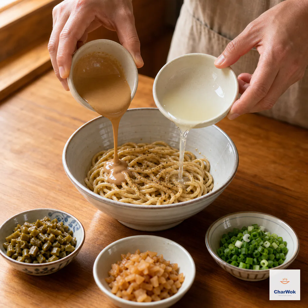 Thinned sesame paste and pale garlic water pour from two bowls over seasoned hot noodles while toppings wait nearby