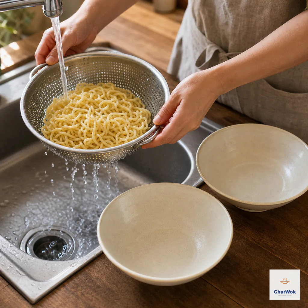 Separate cooked alkaline noodles are briefly rinsed under cold running water in a colander beside two warm bowls