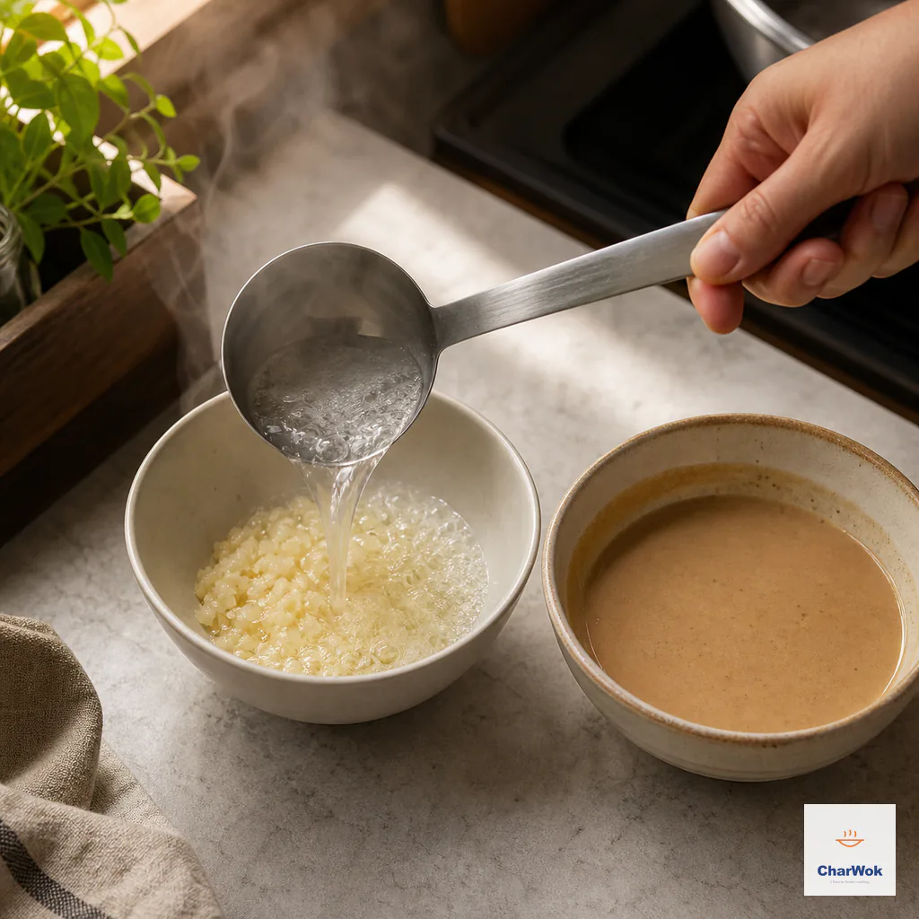 Freshly boiling water is ladled over minced garlic beside a bowl of already thinned smooth sesame paste