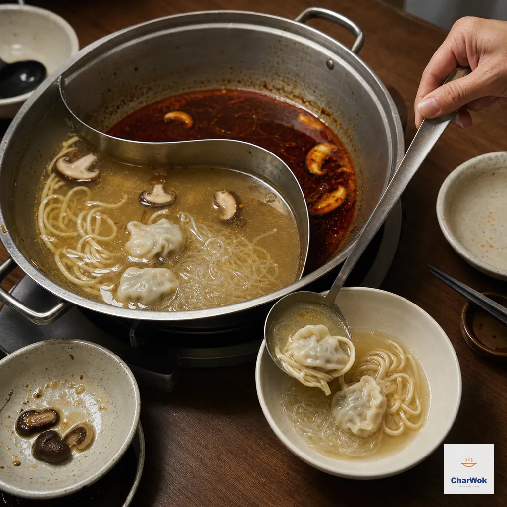 Glass noodles, fresh wheat noodles and small dumplings finish in flavour-rich clear broth as a ladle serves them into a bowl