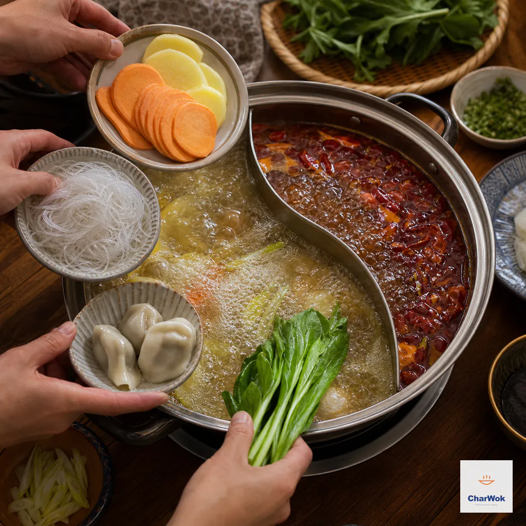 前段肉类已清空后,土豆红薯片、粉丝、小饺子与鲜绿叶菜分成小批加入仍沸腾的火锅