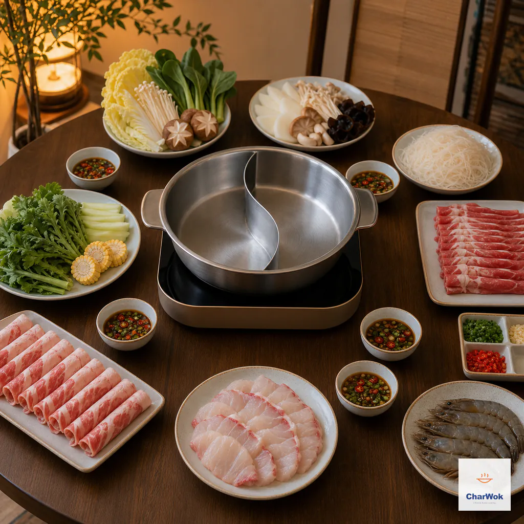 An empty divided hot-pot vessel sits on a safe central cooker with vegetables and noodles plated, raw meats, fish and shrimp separated, and individual dipping bowls distributed