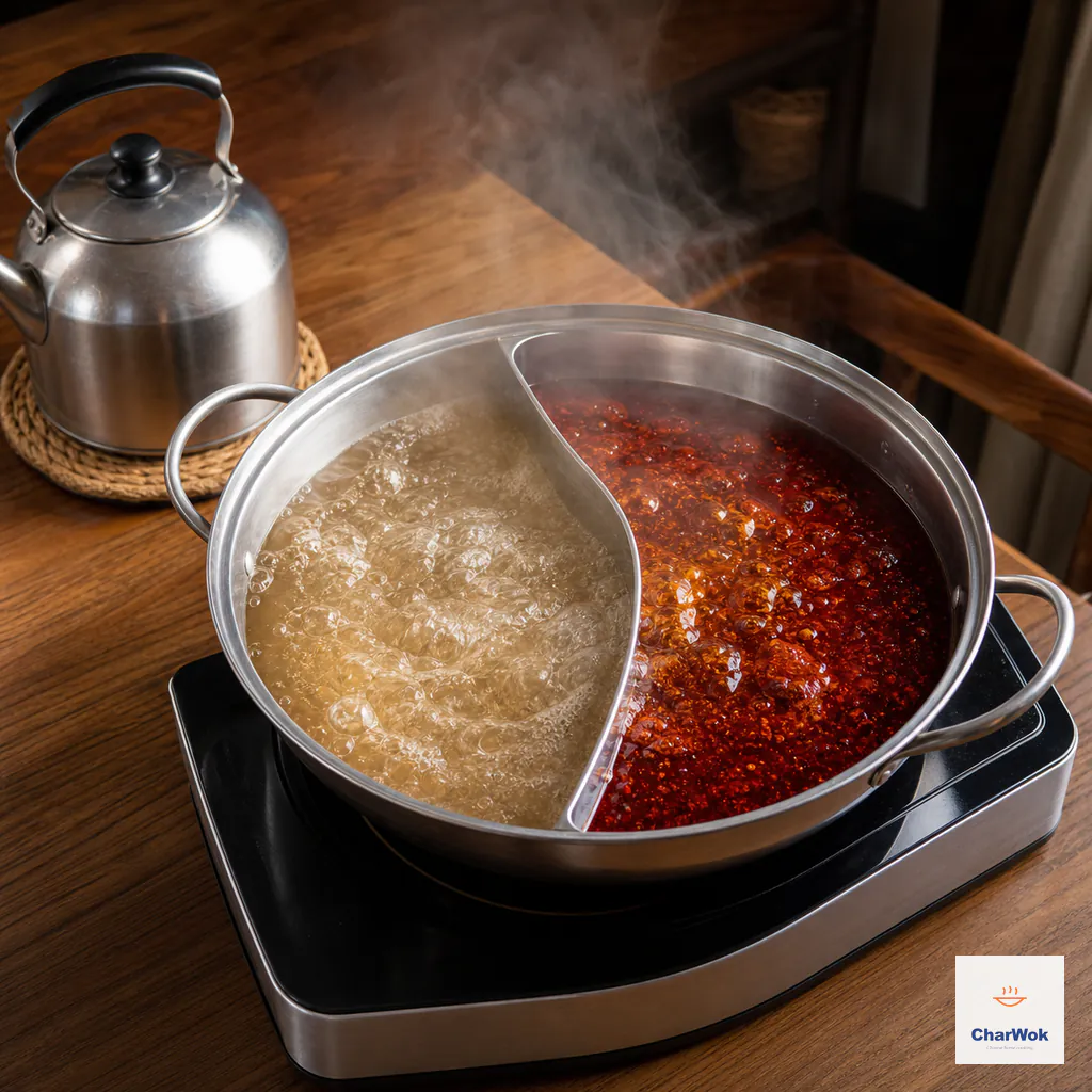 Clear golden and deep red broths reach a vigorous rolling boil in both halves of an empty divided pot beside a steaming kettle