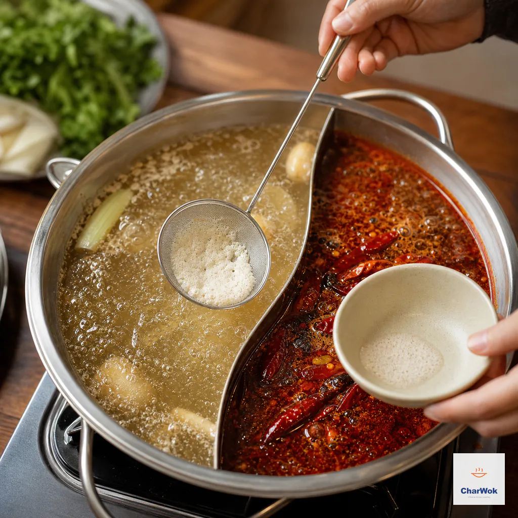 A fine mesh skimmer lifts pale protein foam from the clear hot-pot broth into a separate discard bowl