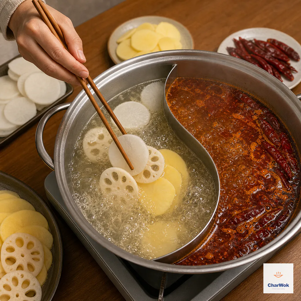 Thin daikon, lotus-root and potato slices enter vigorously boiling clear broth in a sparse first batch