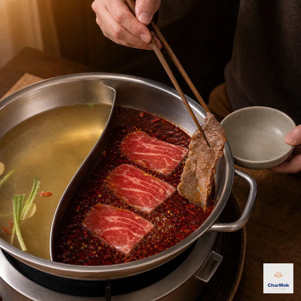 Only a few thin marbled beef slices swish in red broth as one fully changed brown slice is lifted immediately