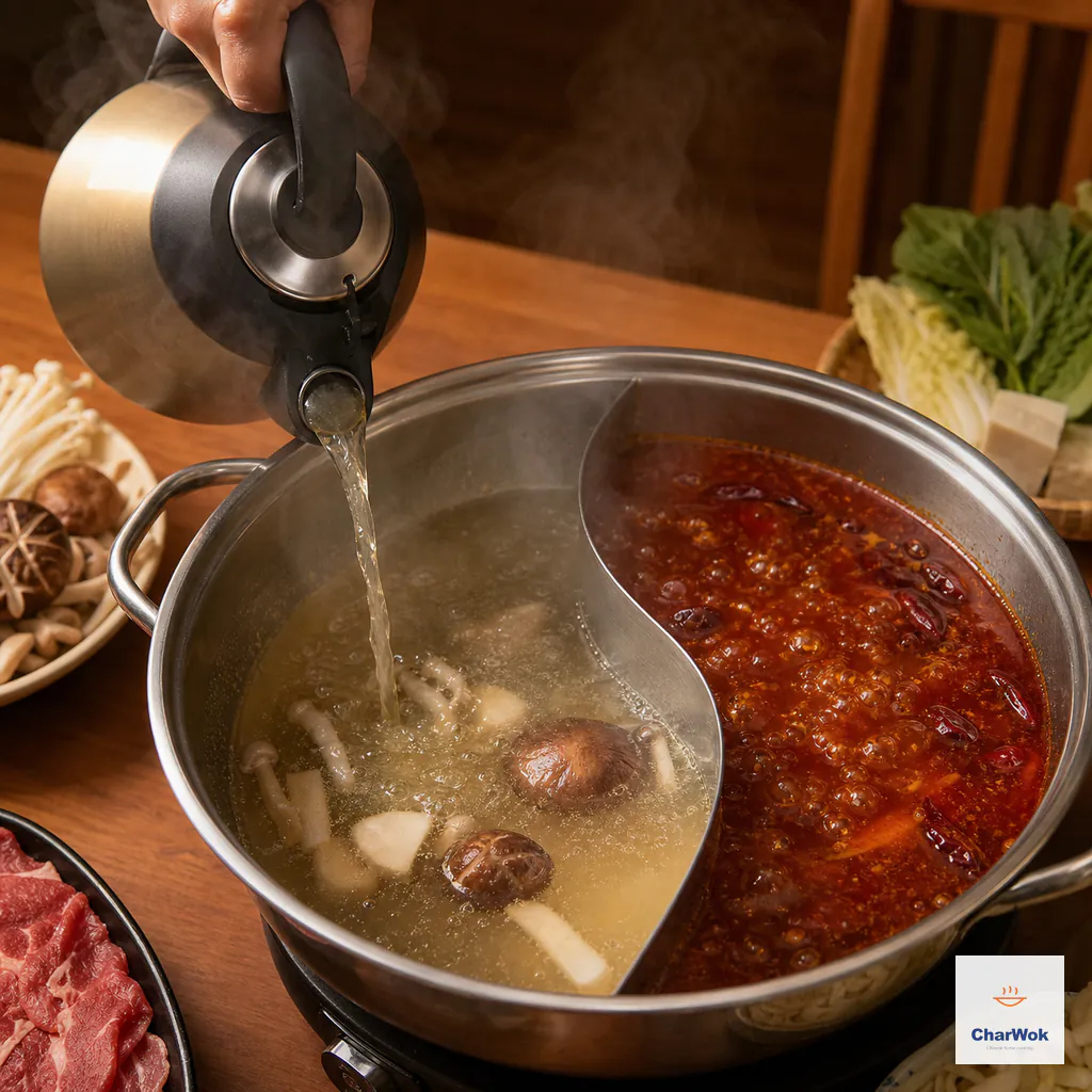 A steaming kettle pours near-boiling stock into the lower clear side while both halves of the hot pot continue bubbling