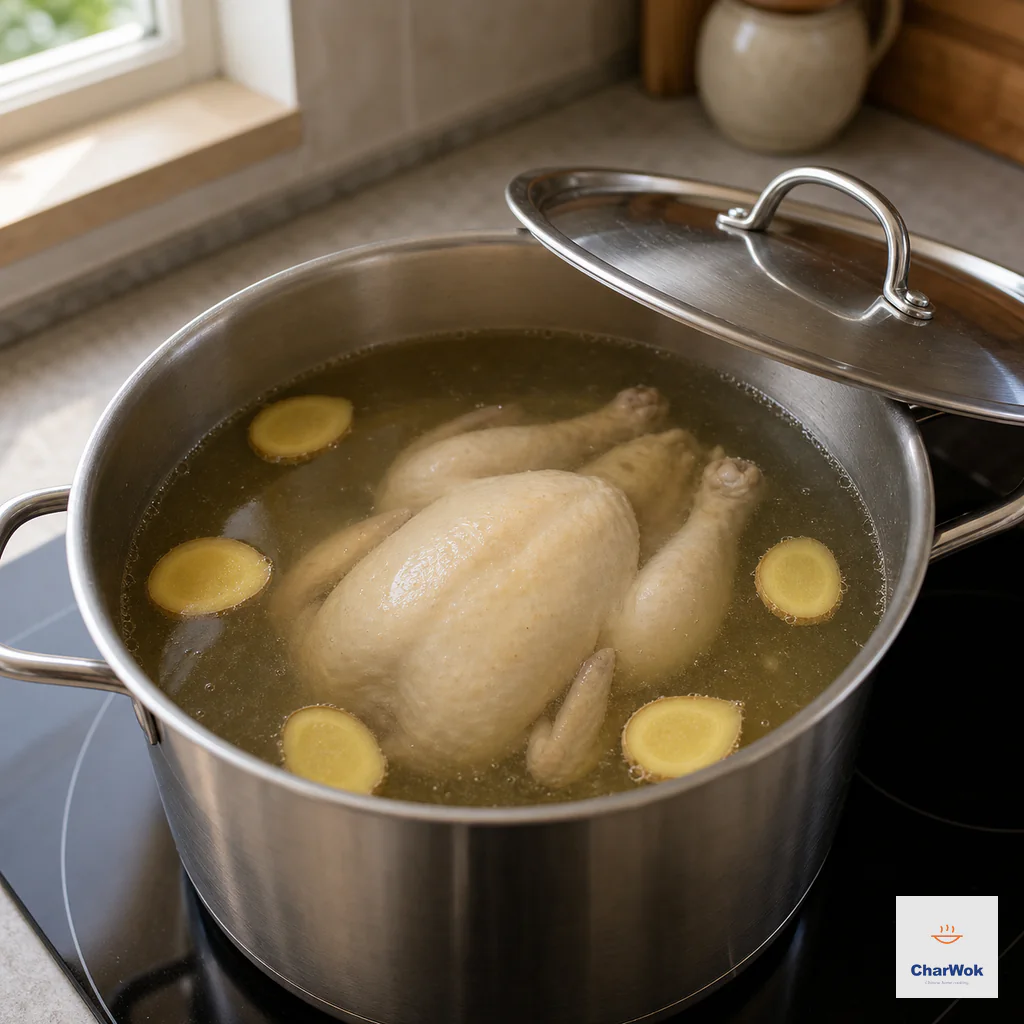 A whole chicken and five ginger slices cook in clear golden broth at a bare simmer under a slightly ajar lid