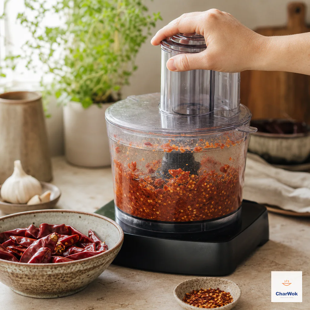 A food processor turns the drained softened chilies into a coarse brick-red paste with visible seeds and pieces
