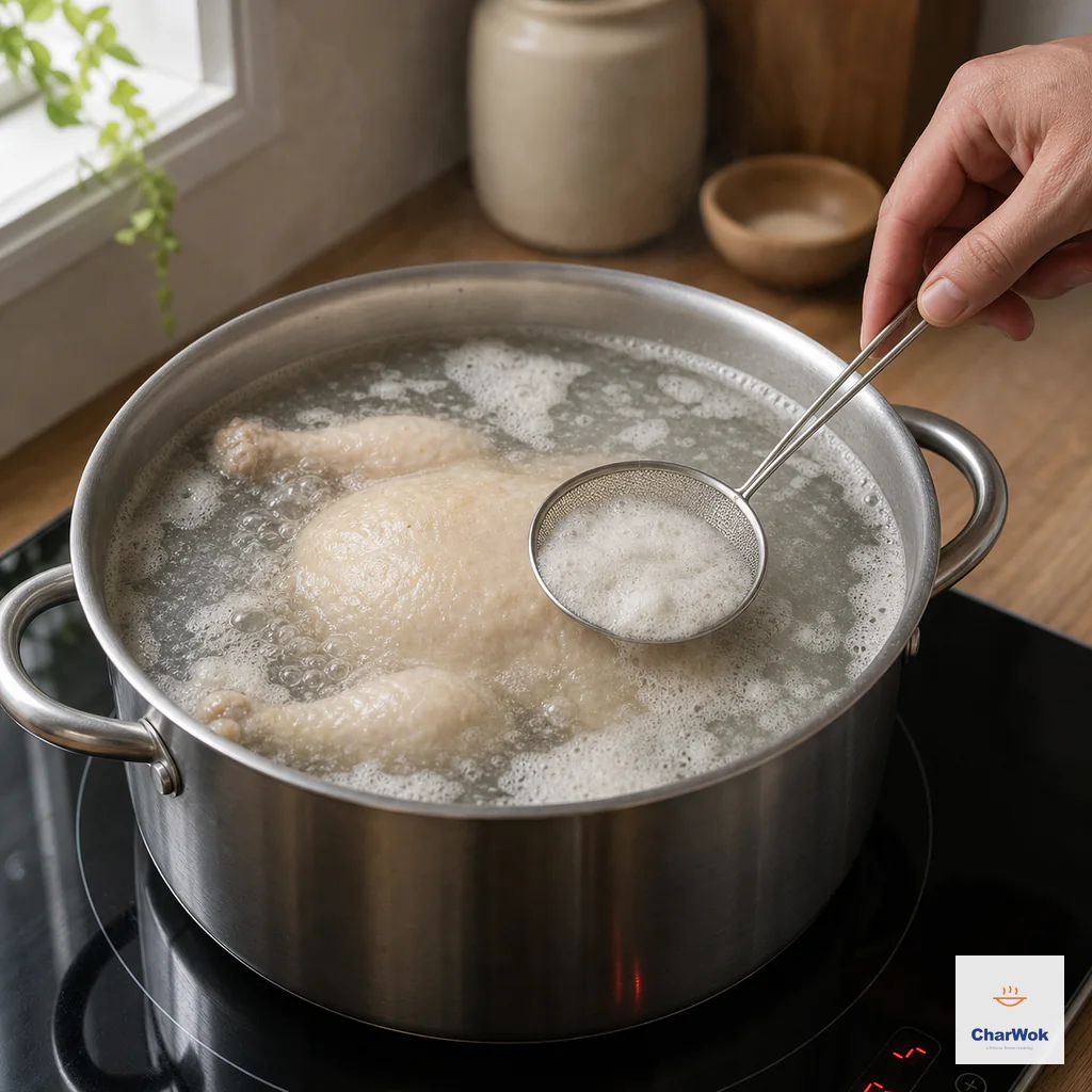 A whole chicken reaches a full boil from a cold-water start while a fine mesh skimmer removes pale foam