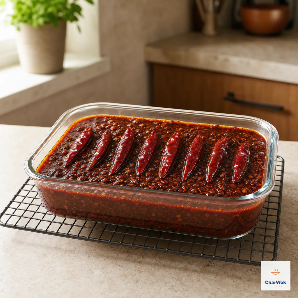 Thick red chili base cools uncovered in a rectangular glass container with exactly eight whole dried chilies on top