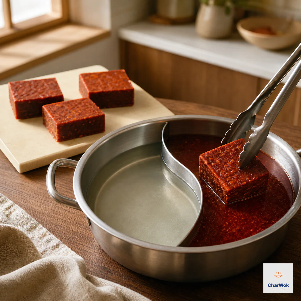 Three solid red hot-pot base blocks remain on a board while the fourth is lowered into one side of a small divided pot for dilution