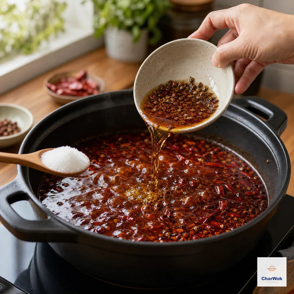 Peppercorn-infused Shaoxing wine pours into the glossy red chili base beside a spoonful of sugar