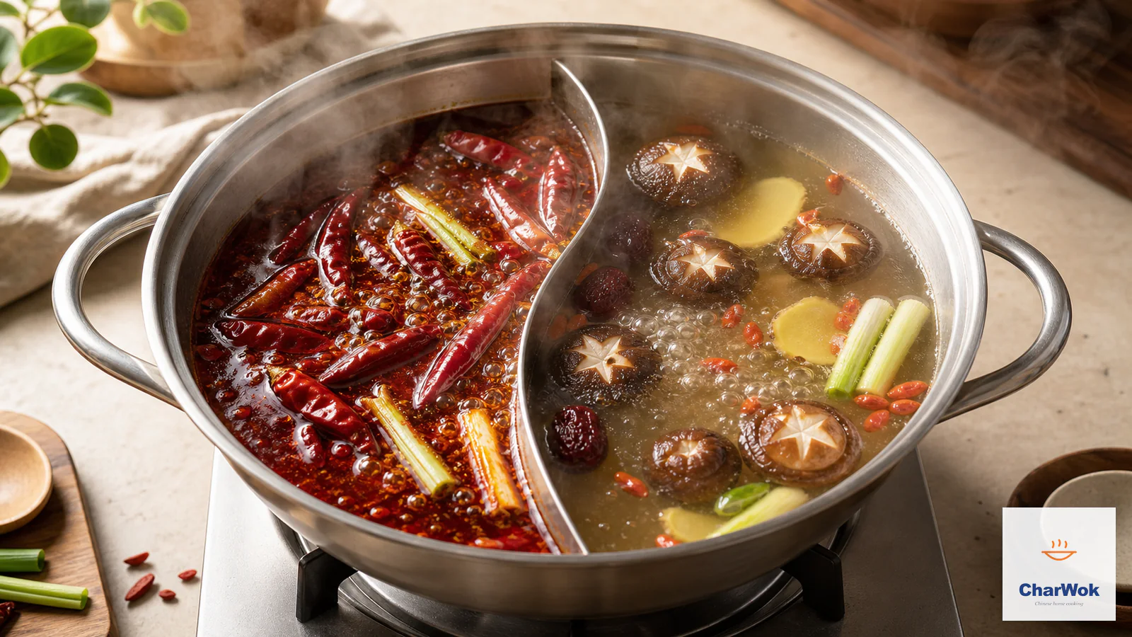 Homemade spicy red and clear golden chicken broths simmering in a yin-yang hot-pot vessel