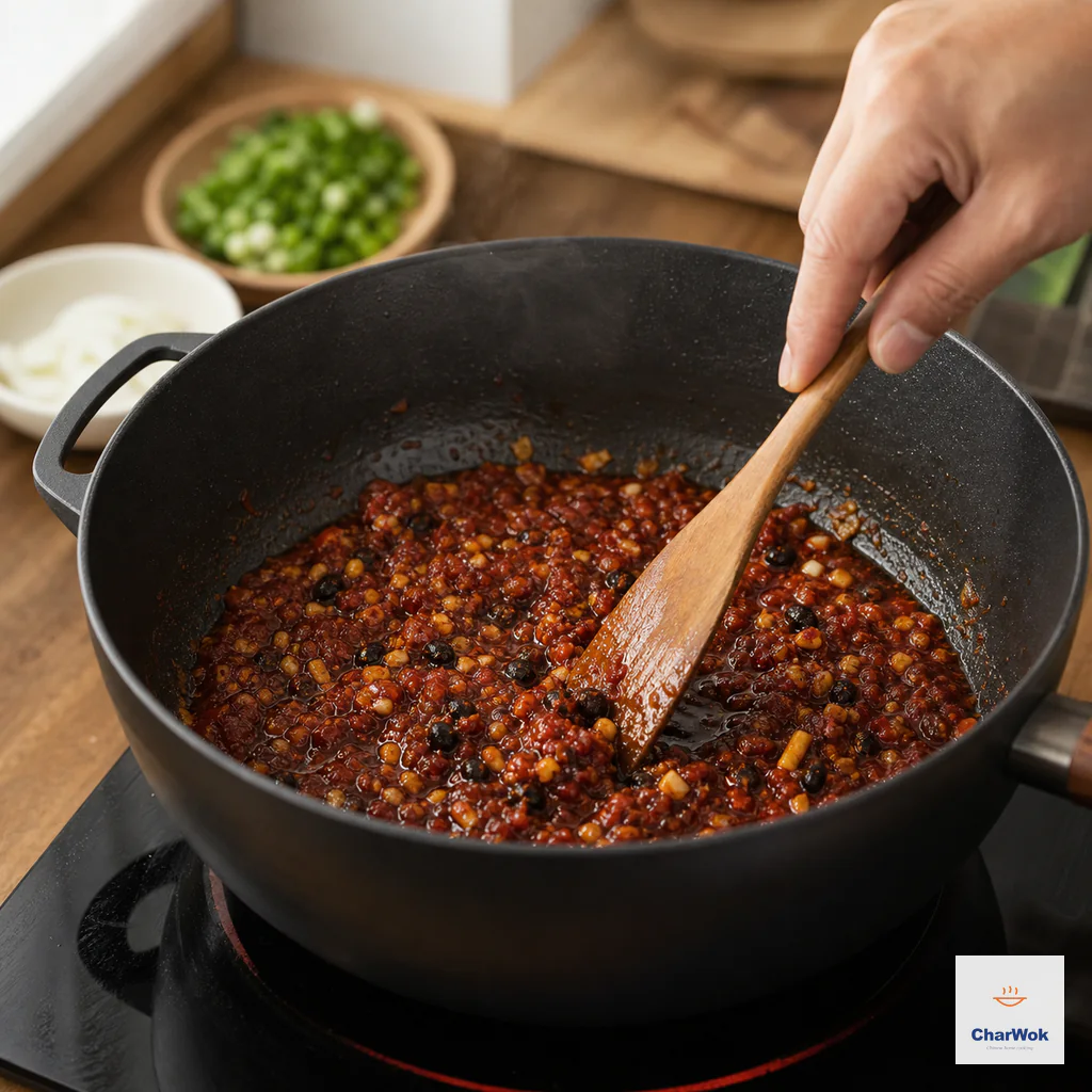 Coarse chili paste, doubanjiang, fermented black beans, garlic and ginger bubble gently in red fat as a wooden spatula stirs