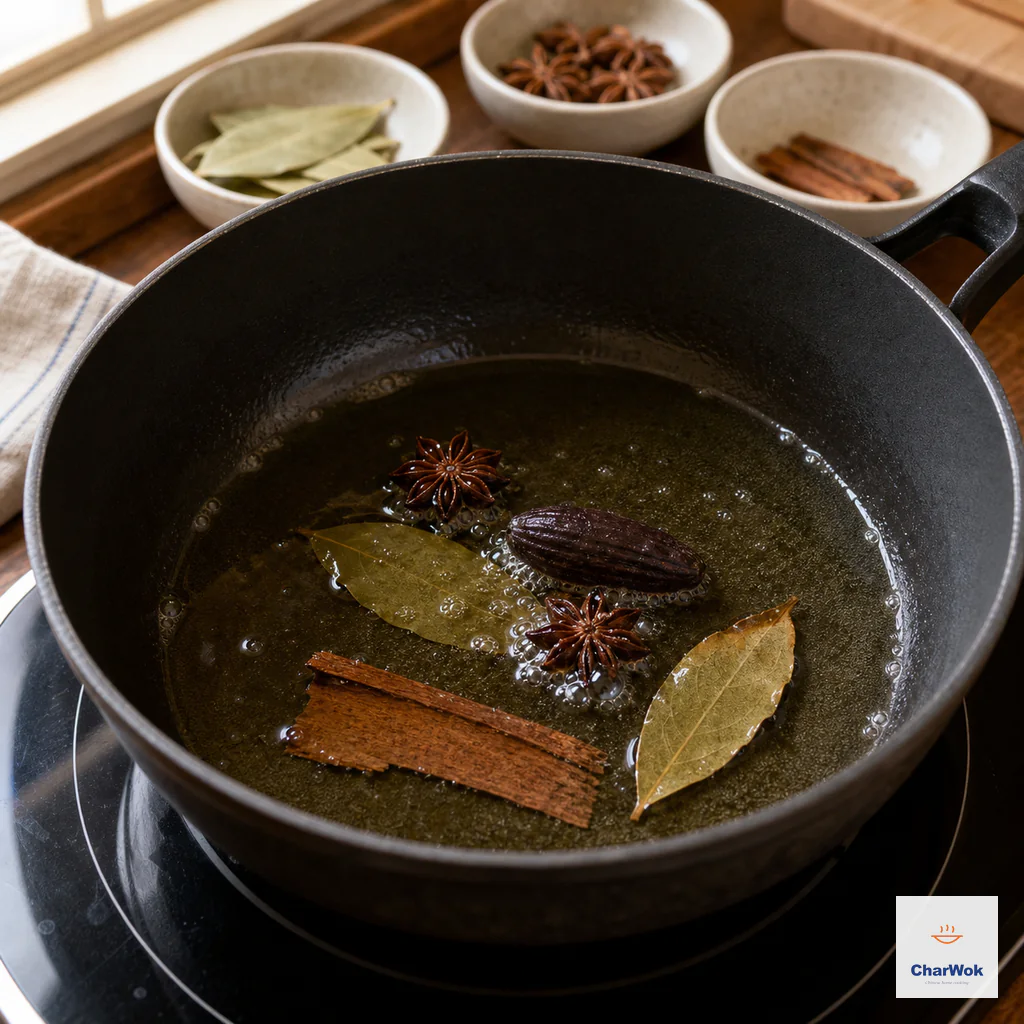 Star anise, cassia, bay leaves and one tsao-ko gently bubble in melted beef tallow and oil as a bay-leaf edge browns