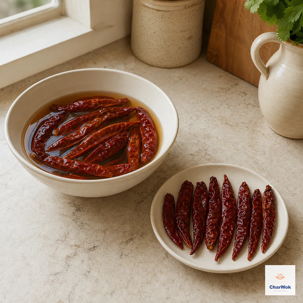Dried red chilies soften in very hot water while eight whole chilies remain dry on a separate dish
