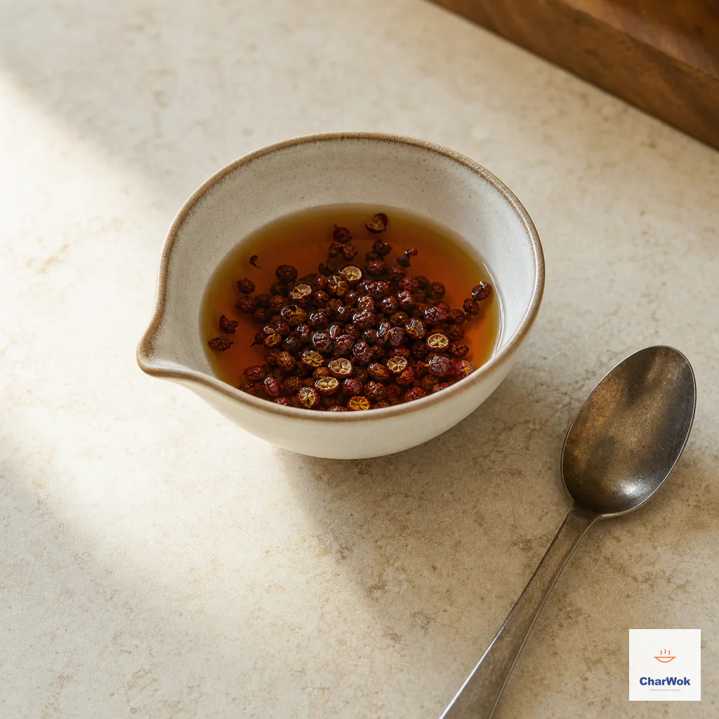 Crushed Sichuan peppercorns steep in a small bowl of amber Shaoxing wine beside a spoon
