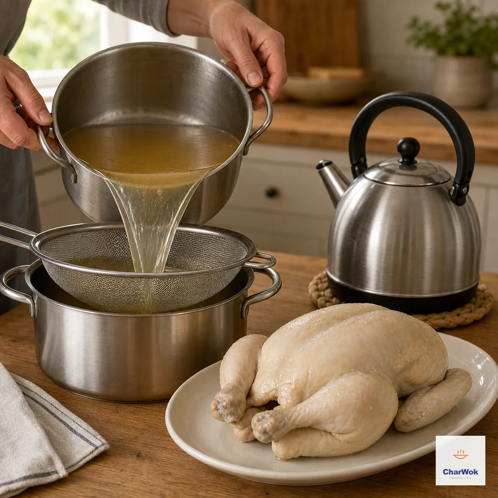 Clear golden chicken stock pours through a fine strainer into a clean pot beside the pale poached chicken and a hot-water kettle