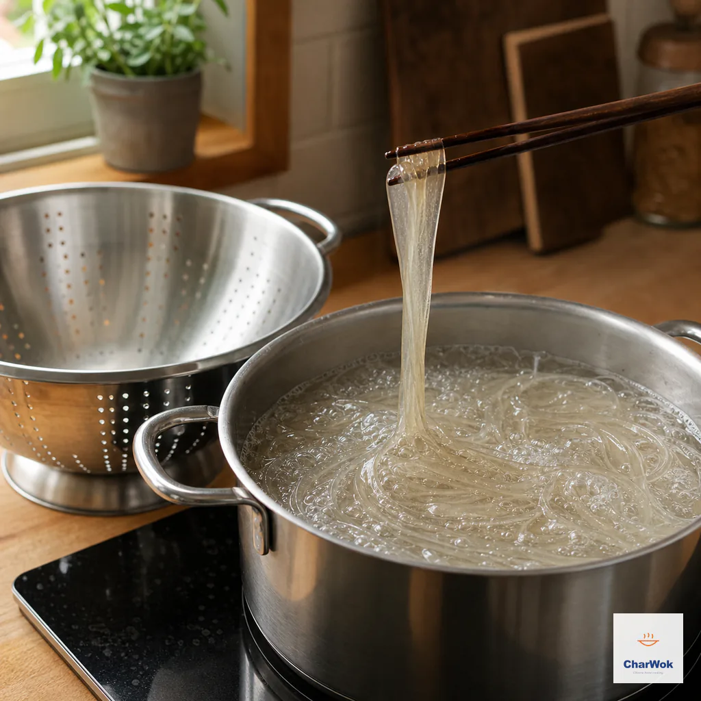 Translucent sweet-potato noodles move freely in a large pot of rolling unsalted water as chopsticks lift one strand beside a colander