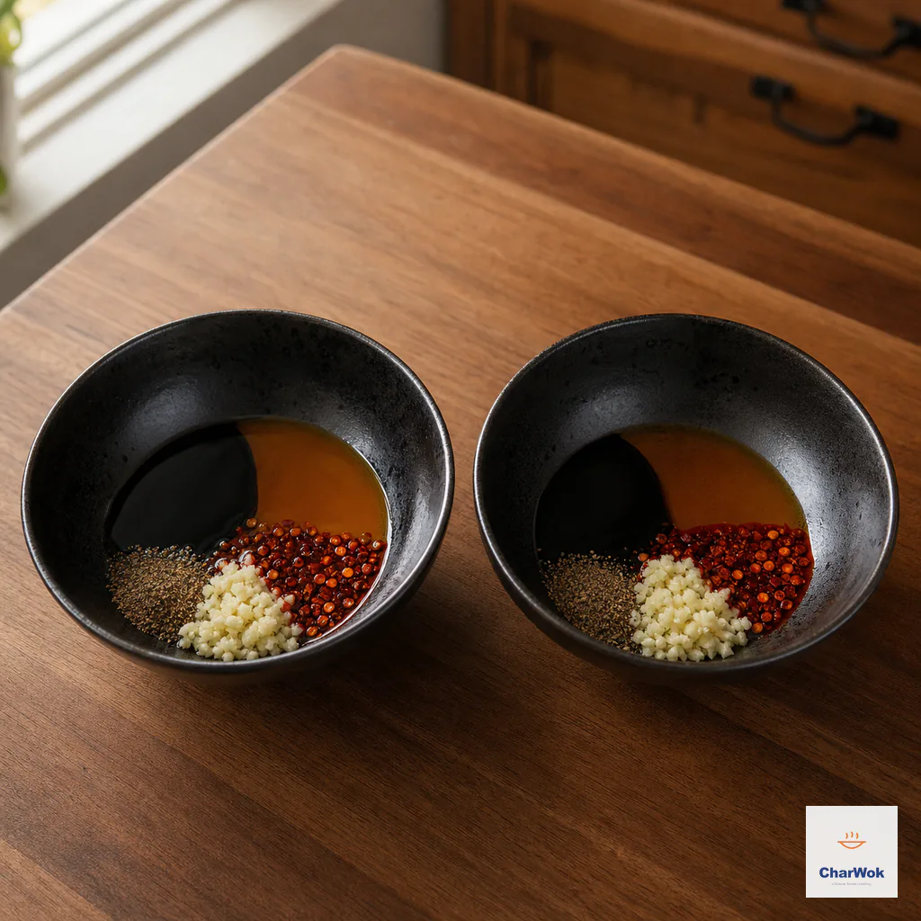 Exactly two empty serving bowls each hold separate portions of vinegar, soy sauce, chili oil, Sichuan pepper and minced garlic