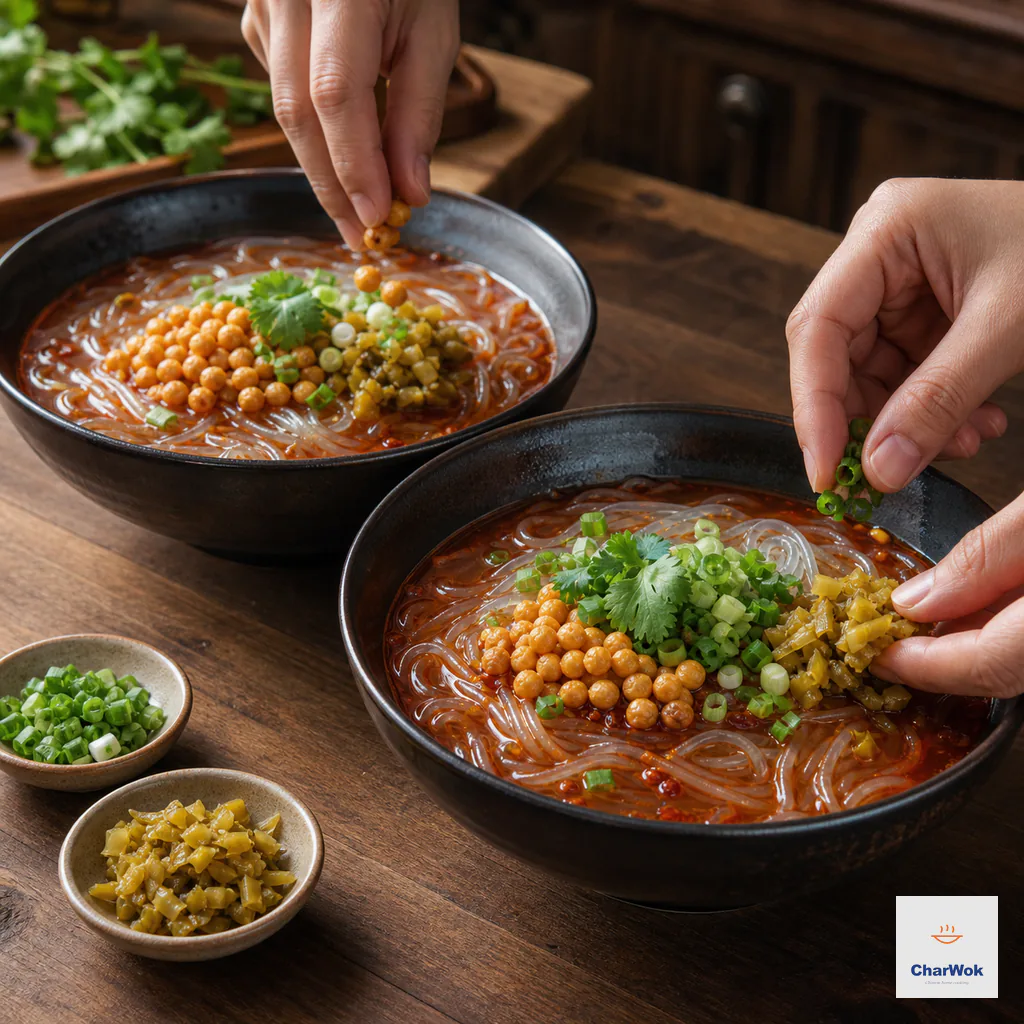 Two bowls of hot and sour glass noodles receive small separate clusters of fried soybeans, zha cai, scallions and cilantro