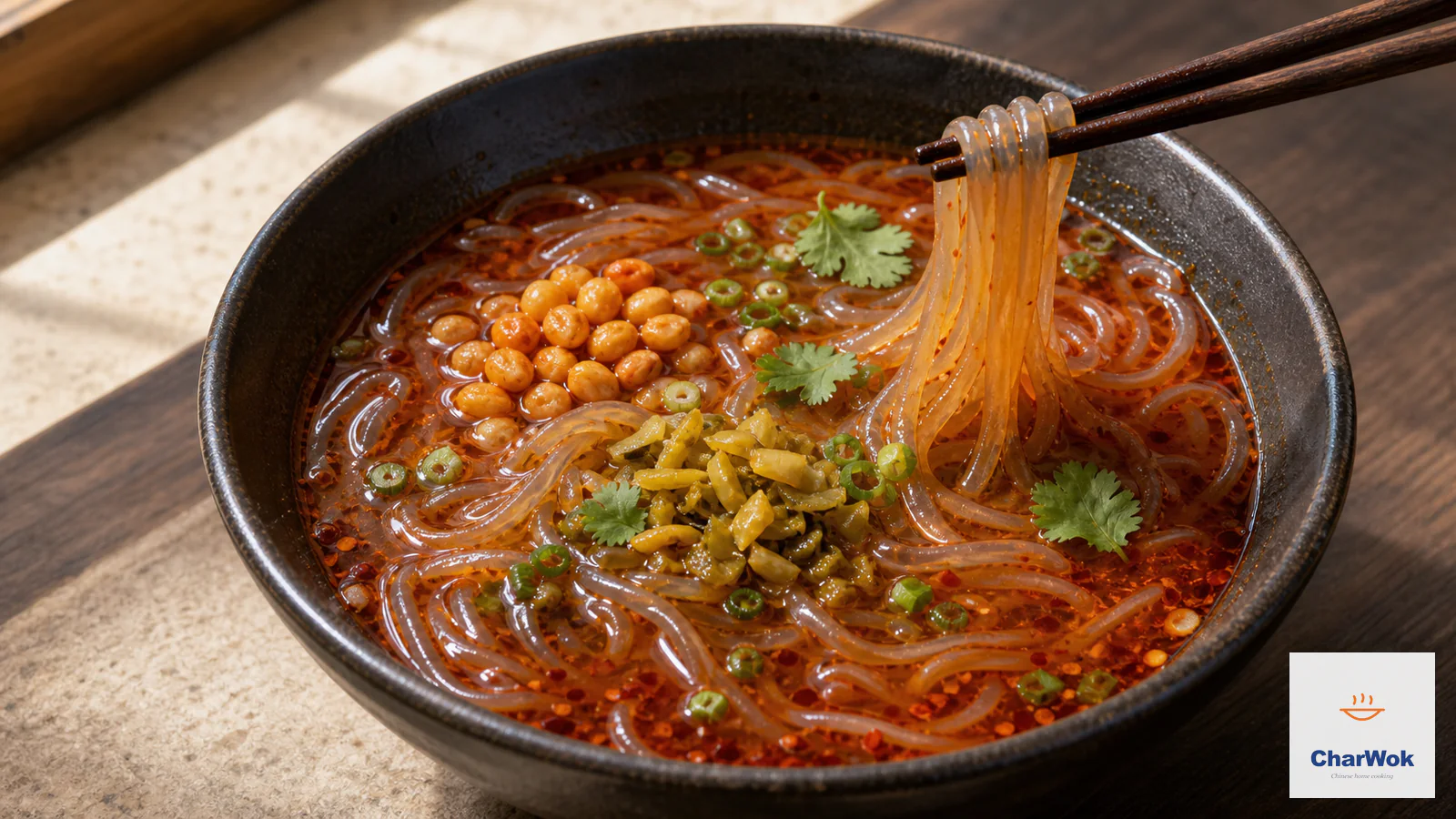 Hot and sour glass noodle soup with springy translucent noodles, chili oil, fried soybeans and zha cai