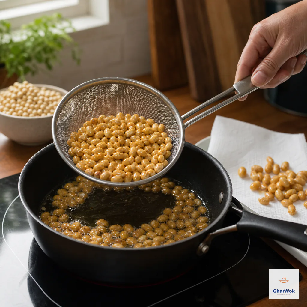 Deep-golden blistered soybeans are lifted from shallow oil with a mesh skimmer onto absorbent paper