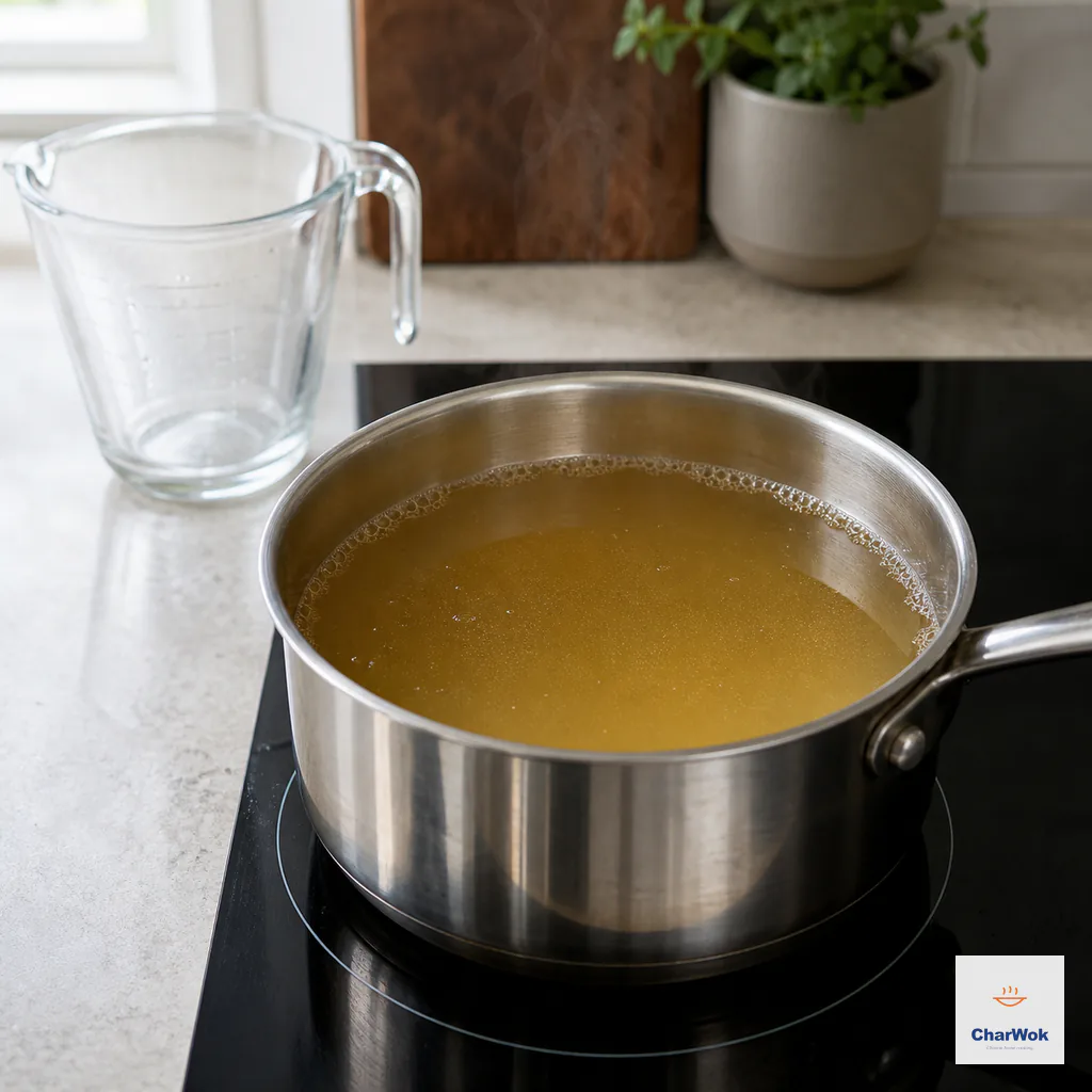 Clear unsalted stock sits at a bare simmer in a small saucepan with only fine bubbles around the edge