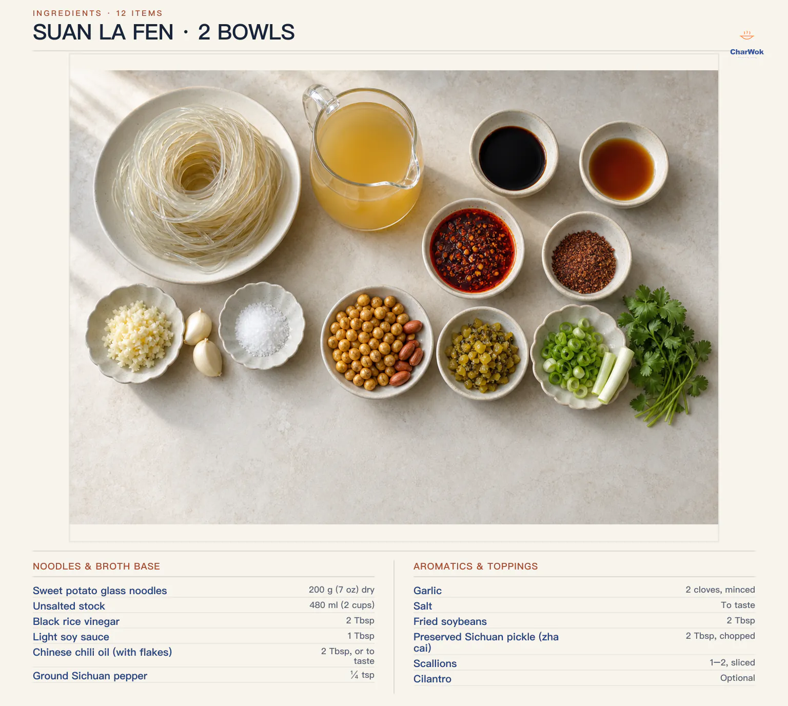 English ingredients for two bowls of suan la fen: sweet-potato glass noodles, unsalted stock, black rice vinegar, light soy sauce, chili oil, Sichuan pepper, garlic, salt, fried soybeans, zha cai, scallions and optional cilantro