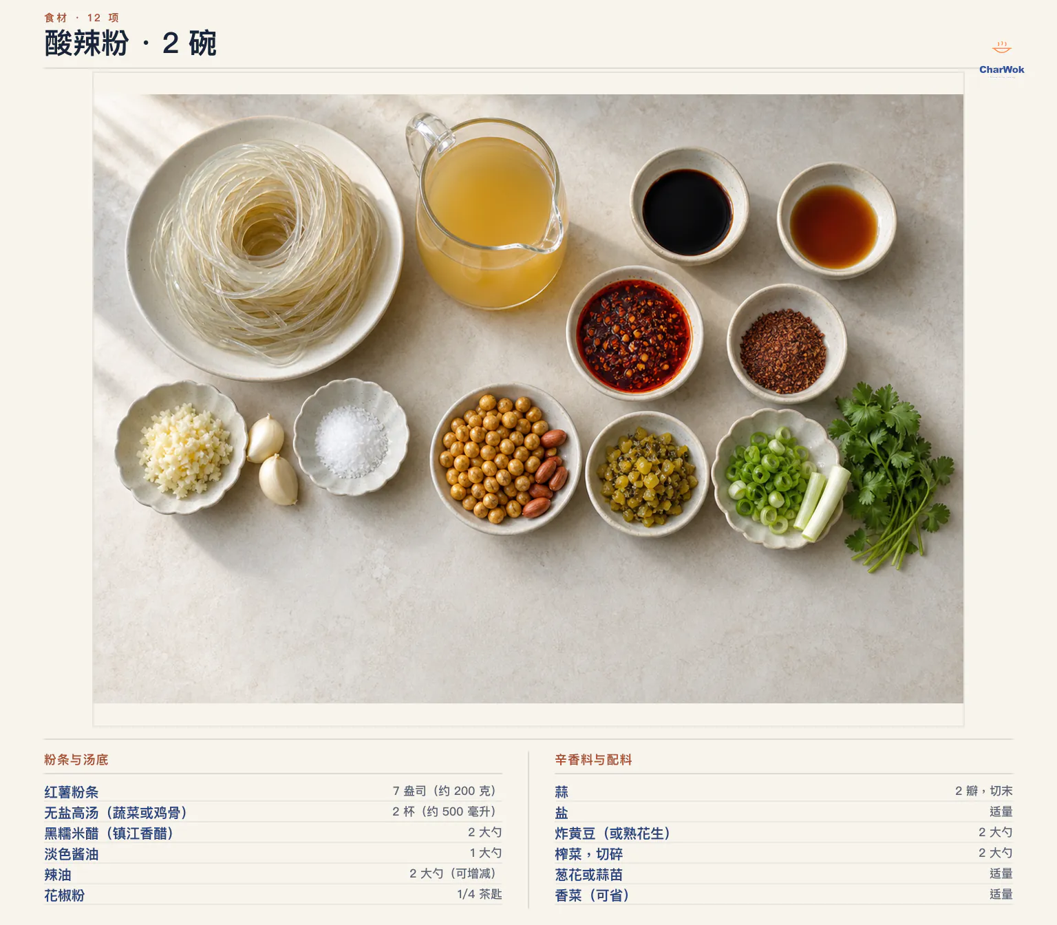 两碗酸辣粉简中材料图:红薯粉条、无盐高汤、黑米醋、淡色酱油、辣油、花椒粉、蒜、盐、炸黄豆或熟花生、榨菜、葱花或蒜苗与可省香菜