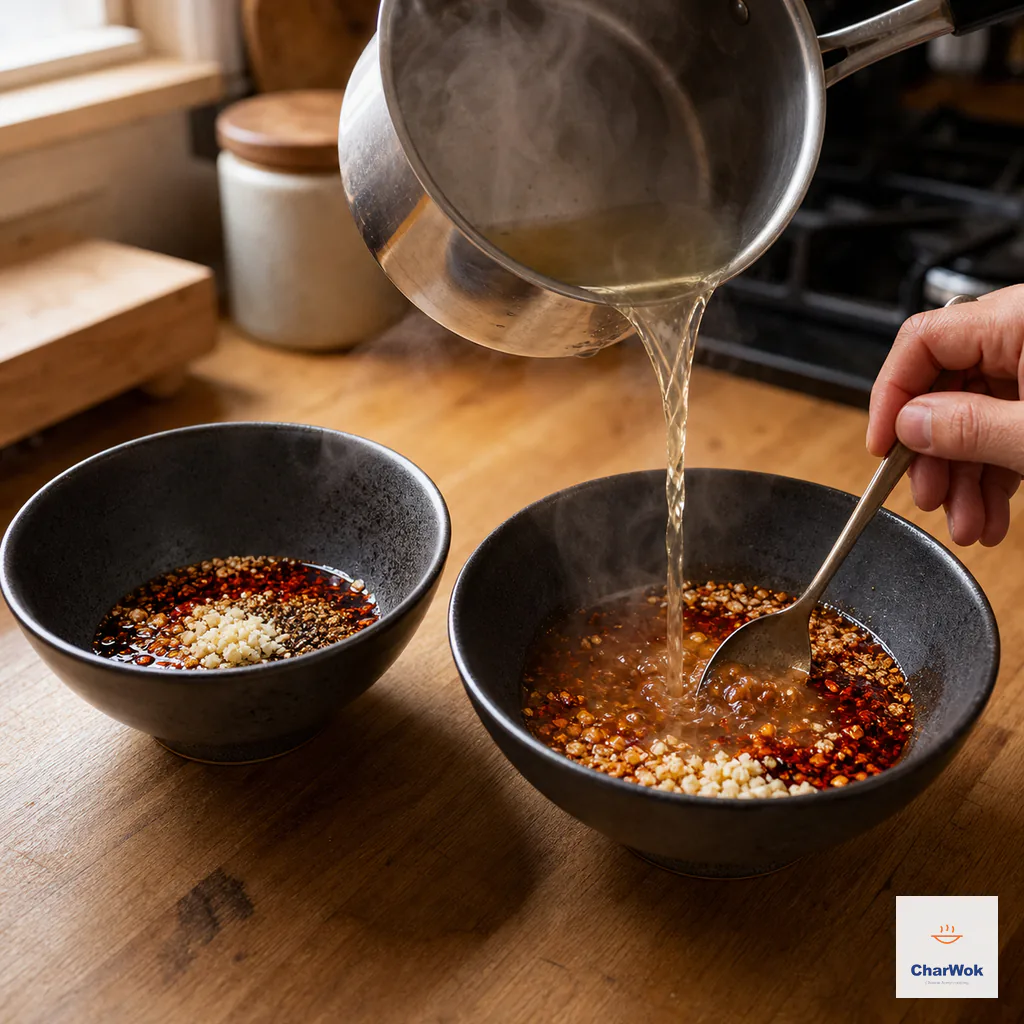 Steaming clear stock pours into one of two seasoned bowls while a spoon stirs the liquid into a red-orange emulsion