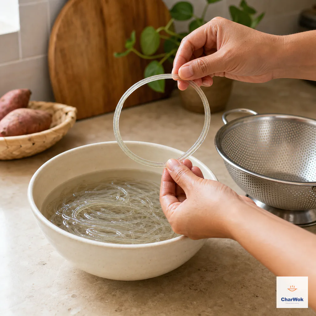 Soaked sweet-potato glass noodles bend into a loose circle without breaking beside a waiting colander